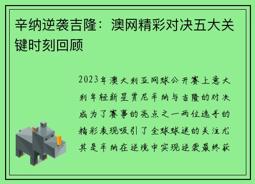 辛纳逆袭吉隆：澳网精彩对决五大关键时刻回顾